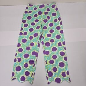 Bamboo Traders Womens Floral Wide Leg Capri Purple Green Scalloped Hem Retro